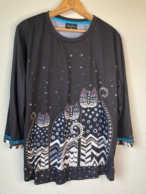 Laurel Burch 3/4 sleeve cat print Tee T-shirt Top Artsy sz XXL